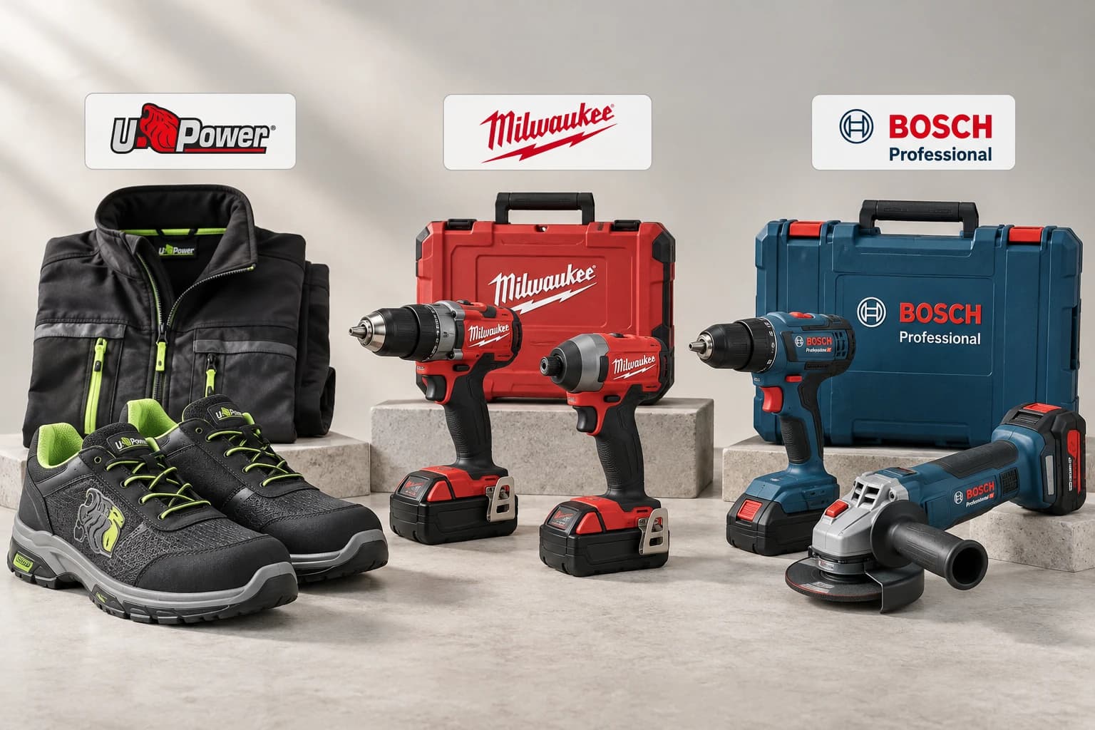 U-Power, Milwaukee e Bosch Professional: composizione illustrativa di abbigliamento da lavoro e utensili
